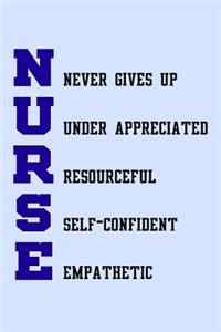 NURSE Never Gives Up Under Appreciated Resourceful Self-Confident Empathetic