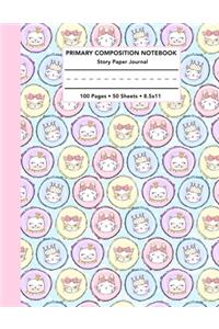 Primary Composition Notebook: Princess Cat Face Pattern Story Note Book w/ Writing, Drawing & Picture Space - Cute Blue Pink Purple Draw and Write Journal / Diary with Dashed Mid