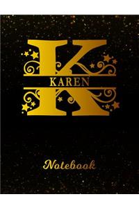 Karen Notebook: Letter K Personalized First Name Personal Writing Notepad Journal Black Gold Glittery Pattern Effect Cover Wide Ruled Lined Paper for Journalists & 