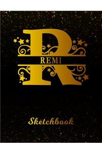 Remi Sketchbook: Letter R Personalized First Name Personal Drawing Sketch Book for Artists & Illustrators Black Gold Space Glittery Effect Cover Scrapbook Notepad & 