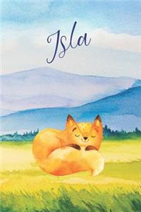 Isla: Personalized Name and Fox in the Forest and Mountains on Cover, Lined Paper Note Book For Girls or Boys To Draw, Sketch & Crayon or Color (Kids Teen