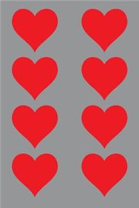 100 Page Unlined Notebook - Red Hearts on Gray / Grey