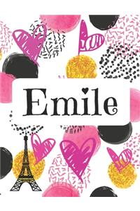 Emile: Journal de nom personnalisé Carnet de nom personnalisé Conception de coeurs et de cercles Couleurs roses et noires