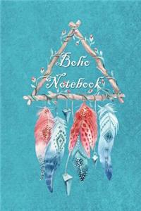 Boho Notebook: 140 Lined Pages Softcover Notes Journal, College Ruled Composition Notebook - Teal Hanging Feathers