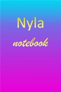 Nyla: Blank Notebook - Wide Ruled Lined Paper Notepad - Writing Pad Practice Journal - Custom Personalized First Name Initial N Blue Purple Gold - Taking 