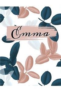 Emma: 8.5 x 11 ruled 80 page composition journal, notebook, diary detailed with navy blue and blush pink leaves on a white background with a splash of dus