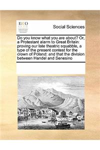 Do you know what you are about? Or, a Protestant alarm to Great Britain: proving our late theatric squabble, a type of the present contest for the crown of Poland: and that the division between Handel and Senesino