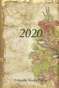 Large Print - 2020 - 15 Months Weekly Planner - Victorian Christmas - Holiday Bird and Pine Cones