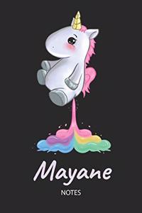 Mayane - Notes: Noms Personnalisé Carnet de notes / Journal pour les filles et les femmes. Kawaii Licorne pétant arc-en-ciel. Accessoires de licorne amusants et fou