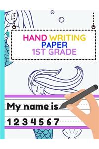 Hand Writing Paper 1st Grade: Workbook of Dotted Lined Handwriting Practice Paper Sheet Book for Girl, Boy, Kid, Toddler, Preschool, Kindergarten, Nursery, Elementary - Beginner 