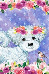 Journal Notebook For Dog Lovers White Fluffy Puppy In Flowers 1