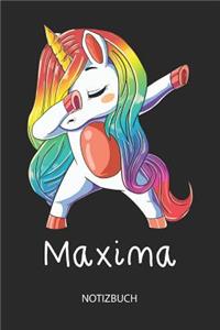 Maxima - Notizbuch: Individuelles personalisiertes Mädchen & Frauen Namen blanko Regenbogen Dabbing Einhorn Notizbuch. Liniert leere Seiten. Ideal als Uni & coole Schul