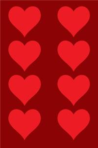 100 Page Unlined Notebook - Red Hearts on Maroon