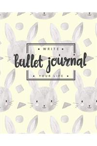 Bullet Journal Dotted Grid Dated Notebook, Cute Rabbit Bunny Pattern in Yellow Grey Cover: Large Quarterly Bullet Journal Blank Pages with Number, 150p, 8x10