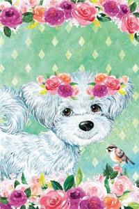 Journal Notebook For Dog Lovers White Fluffy Puppy In Flowers 2