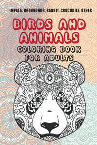 Birds and Animals - Coloring Book for adults - Impala, Groundhog, Rabbit, Crocodile, other
