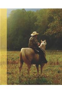 Cute Cowboy on a Yellow Horse in the Mist Wide-ruled School Composition Lined Notebook