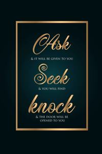 Ask Seek Knock Wirebound Notebook with a green and gold cover