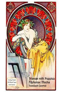 Woman with Poppies - Alphonse Mucha - Notebook/Journal: College Ruled - 200 Pages - 8x10 Inches