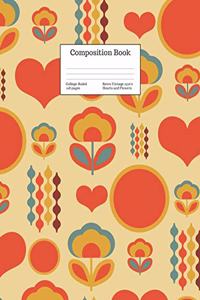 Composition Book College-Ruled Retro Vintage 1970's Hearts and Flowers