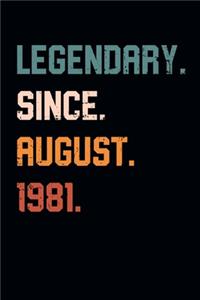 Blank Lined Journal, Notebook, Diary, Planner - Legendary Since August 1981 - 38th Birthday Gift For 38 Years Old Men and Women born in August