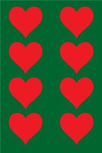 100 Page Unlined Notebook - Red Hearts on Green