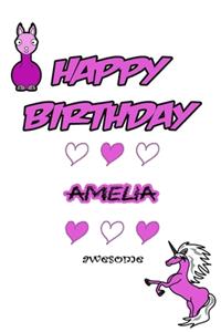 Happy Birthday Amelia, Awesome with Unicorn and llama