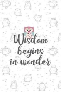 Wisdom Begins In Wonder: All Purpose 6x9 Blank Lined Notebook Journal Way Better Than A Card Trendy Unique Gift White Grey Sticker Owl