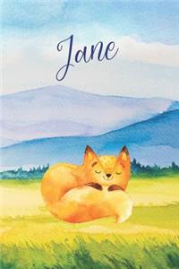 Jane: Personalized Name and Fox in the Forest and Mountains on Cover, Lined Paper Note Book For Girls or Boys To Draw, Sketch & Crayon or Color (Kids Teen