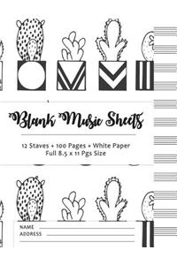 Blank Music Sheets: Cactus Design 2 - 12 Staves, 100 Pages, Full Paper Size (8.5*11)