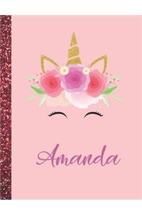 Amanda: Amanda Marble Size Unicorn SketchBook Personalized White Paper for Girls and Kids to Drawing and Sketching Doodle Taking Note Size 8.5 x 11