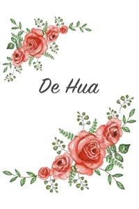 De Hua: Personalized Notebook with Flowers and First Name - Floral Cover (Red Rose Blooms). College Ruled (Narrow Lined) Journal for School Notes, Diary Wri