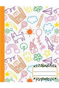 Composition Notebook Wide Ruled Orange Spaceship star flower lollipop candy castle bird leaf cloud sunshine doodles, Writer's Notebook for School / student / office / teacher