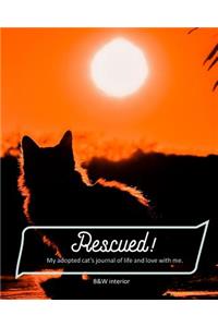 Rescued! My adopted cat's journal of life and love with me.: paperback, matte cover, B&W interior with pages from first day of adoption to last day of life, sunset kitty