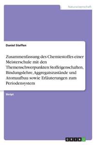 Zusammenfassung des Chemiestoffes einer Meisterschule mit den Themenschwerpunkten Stoffeigenschaften, Bindungslehre, Aggregatszustände und Atomaufbau sowie Erläuterungen zum Periodensystem