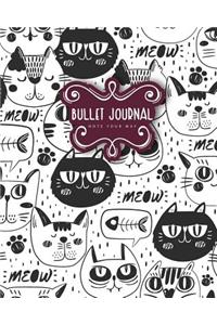 Bullet Journal Dot Grid for 90 Days, Numbered Pages Quarterly Journal Diary, Meow Cat Doodles Black and White Notebook: Large Bullet Journal 8x10 with 150 Dot Grid Pages with Number: Large Bullet Journal 8x10 with 150 Dot Grid Pages with Number