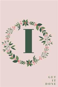 Monogram Initial Letter I Notebook with Rose Pink Floral Journal for Women, Girls Birthday Gift and School