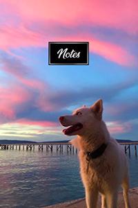 Siberian Husky Huskies Dog Pup Puppy Doggie Notebook Bullet Journal Diary Composition Book Notepad - Sunset at Pier