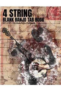 4 String Blank Banjo Tab Book - 8.5 x 11 - 150 Blank Pages (75 Sheets)