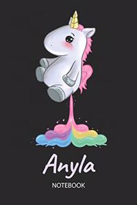 Anyla - Notebook: Blank Ruled Personalized & Customized Name Rainbow Farting Unicorn School Notebook Journal for Girls & Women. Funny Unicorn Desk Accessories for Kin