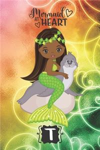 Mermaid At Heart: Journal/Diary with Cute Multicultural Mermaid and Personal Monogram Letter "T" for Girls on Glittery Cover