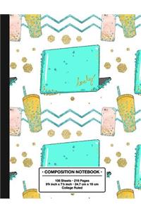 Composition Notebook College Ruled: Trendy Back to School Pretty Glitter Patterned Lined Pages with Margin Book for Girls