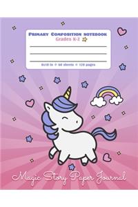 Magic Story Paper Journal Primary Composition Notebook Grades K-2: Picture drawing and Dash Mid Line hand writing paper - Rainbow Unicorn Purple Design