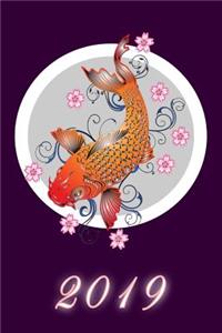 Weekly and Monthly Planner (January to December 2019): 12 Month Calendar Schedule Organizer with Notes Section, Agenda, Dot Grid Diary Journal, Address & Contact Pages; Koi Carp Fish, Purple Soft Cover