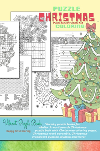 CHRISTMAS puzzle books for adults and coloring. Variety puzzle books for adults. A word search Christmas puzzle book with Christmas coloring pages, Christmas word scramble, Christmas crossword puzzles, Sudoku and more!