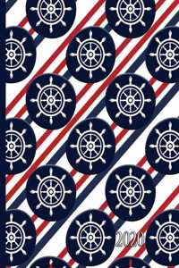 Nautical Boat Wheel on Red White and Blue Diagonal Stripes