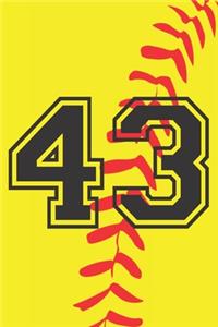 43 Journal: A Softball Jersey Number #43 Forty Three Notebook For Writing And Notes: Great Personalized Gift For All Players, Coaches, And Fans (Yellow Red Blac