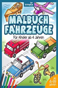 Malbuch Fahrzeuge für Kinder ab 4 Jahren: Dreidimensionales Denken beim Malen von Autos, Einsatzfahrzeugen der Polizei, Feuerwehr, Traktor, Bagger und weiteren Malvorlagen wird geschult.