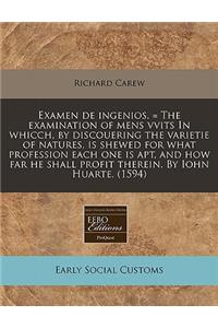 Examen de Ingenios. = the Examination of Mens Vvits in Whicch, by Discouering the Varietie of Natures, Is Shewed for What Profession Each One Is Apt, and How Far He Shall Profit Therein. by Iohn Huarte. (1594)