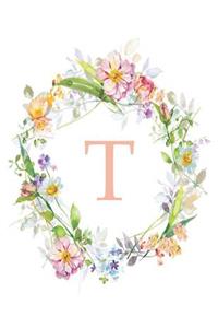 T: Monogram Initial T Notebook Pink Floral 110 Pages 8.5 X 11